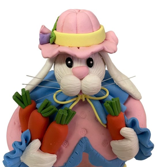 Easter Bunny Rabbit Glass Ball Polymer Clay White Pink Flowers Figure Décor 8" - Picture 9 of 13